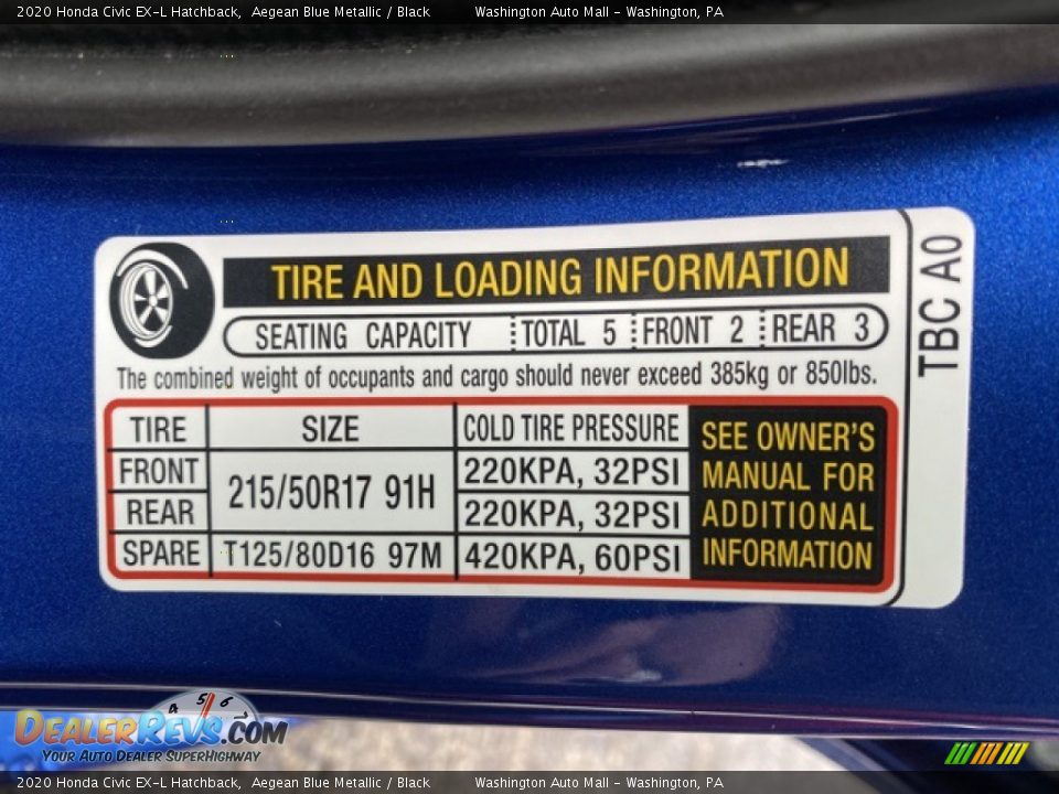 Info Tag of 2020 Honda Civic EX-L Hatchback Photo #8