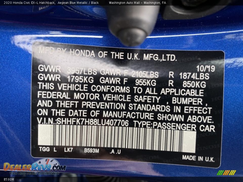 Honda Color Code B593M Aegean Blue Metallic