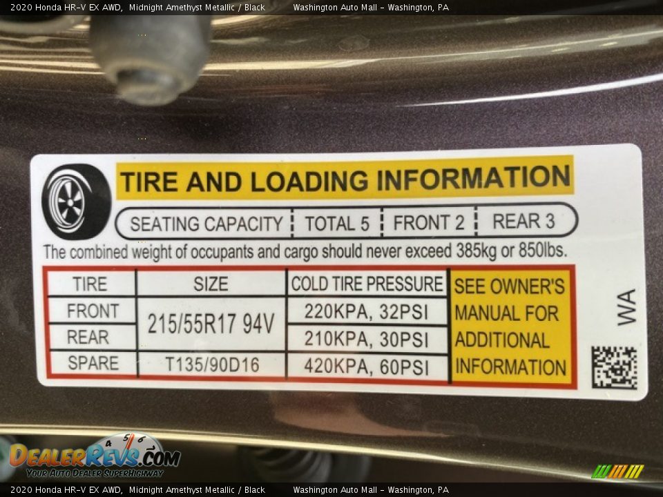 Info Tag of 2020 Honda HR-V EX AWD Photo #8