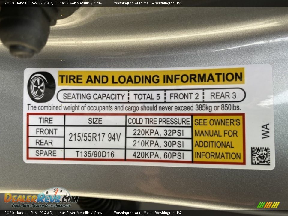 Info Tag of 2020 Honda HR-V LX AWD Photo #8