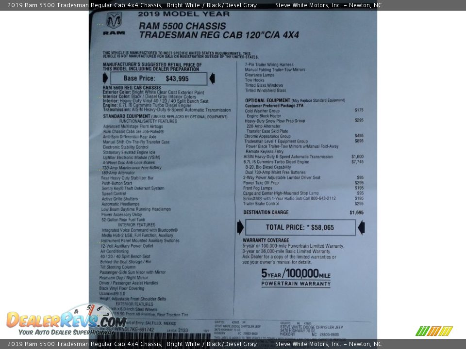 2019 Ram 5500 Tradesman Regular Cab 4x4 Chassis Bright White / Black/Diesel Gray Photo #26