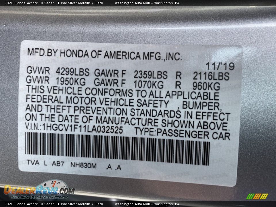 2020 Honda Accord LX Sedan Lunar Silver Metallic / Black Photo #9