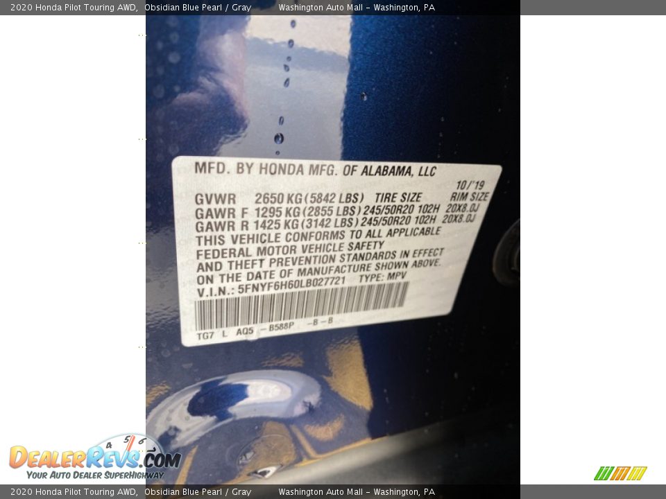 2020 Honda Pilot Touring AWD Obsidian Blue Pearl / Gray Photo #9