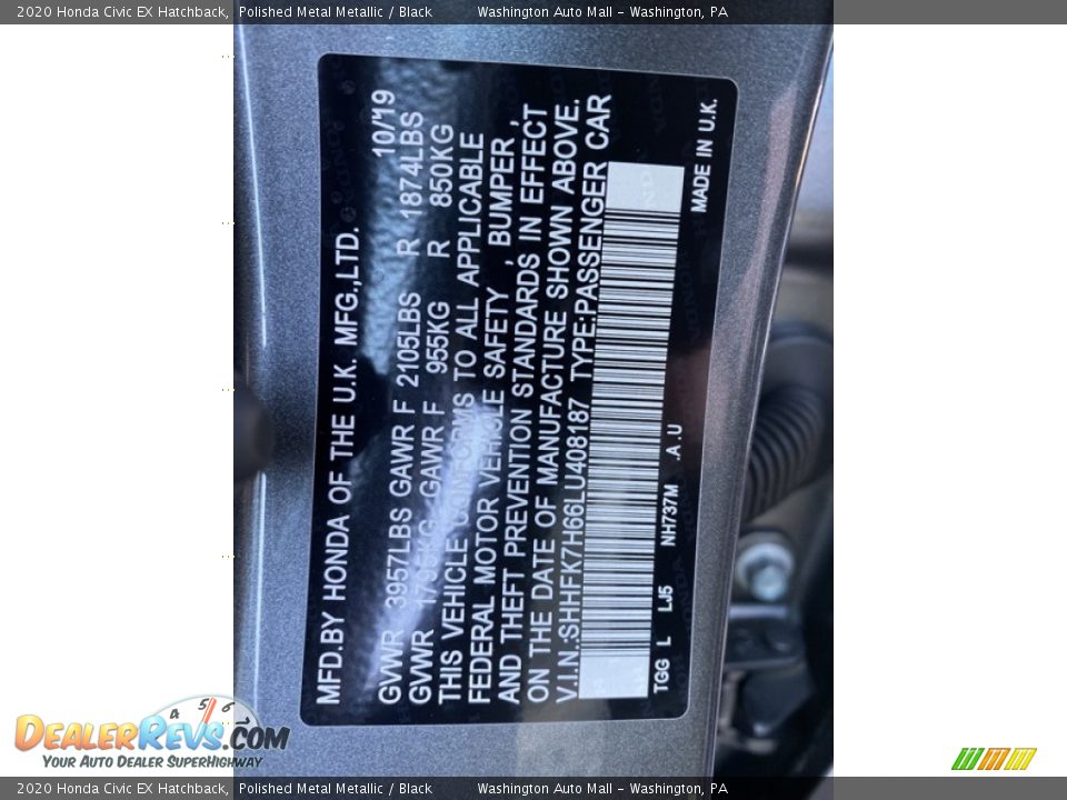 2020 Honda Civic EX Hatchback Polished Metal Metallic / Black Photo #9