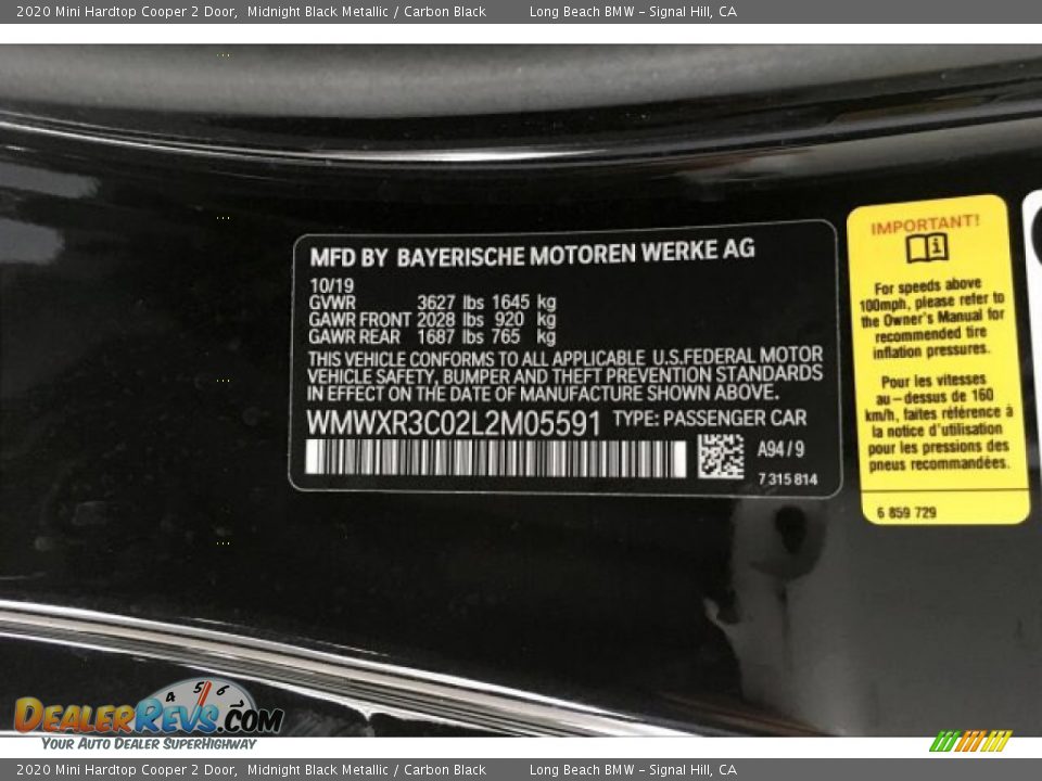 2020 Mini Hardtop Cooper 2 Door Midnight Black Metallic / Carbon Black Photo #10