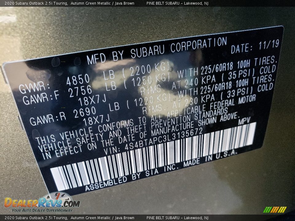 2020 Subaru Outback 2.5i Touring Autumn Green Metallic / Java Brown Photo #9