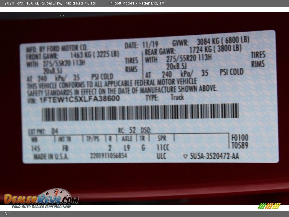 Ford Color Code D4 Rapid Red