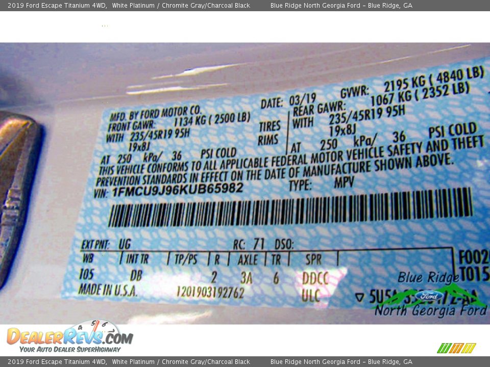 2019 Ford Escape Titanium 4WD White Platinum / Chromite Gray/Charcoal Black Photo #26