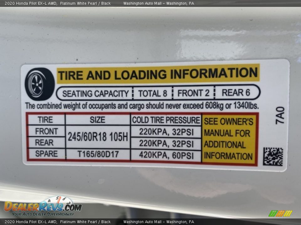 2020 Honda Pilot EX-L AWD Platinum White Pearl / Black Photo #8