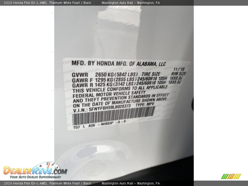 2020 Honda Pilot EX-L AWD Platinum White Pearl / Black Photo #9