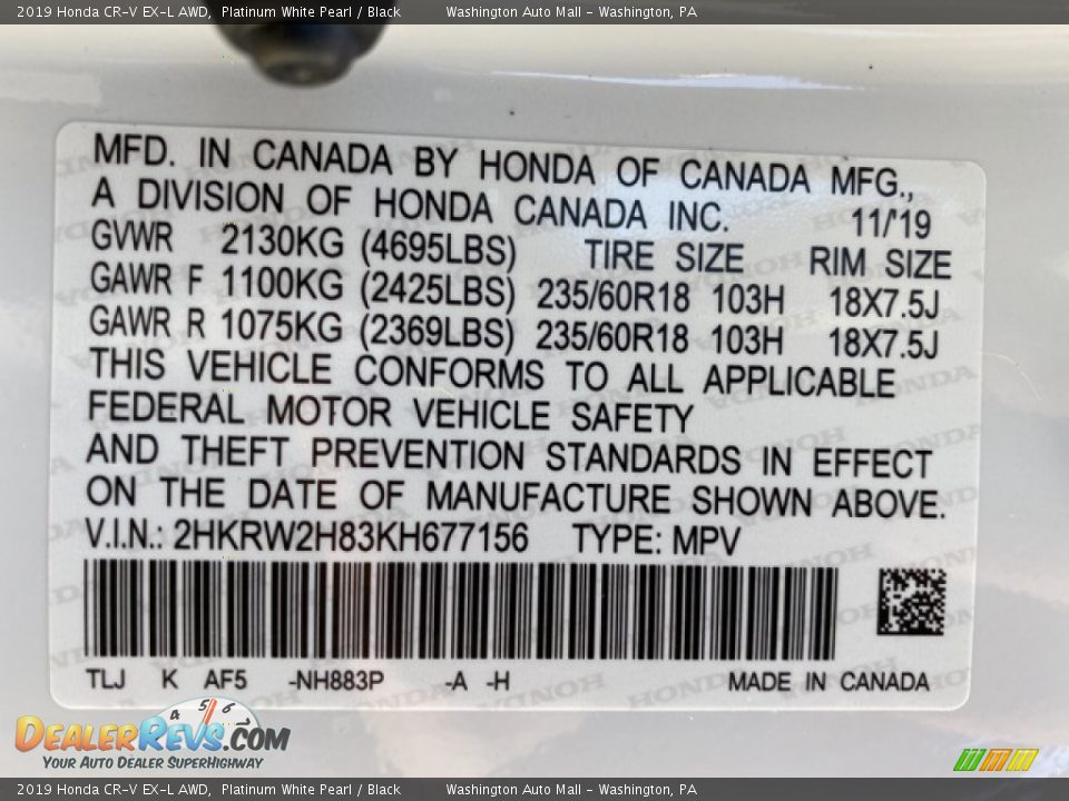 2019 Honda CR-V EX-L AWD Platinum White Pearl / Black Photo #9
