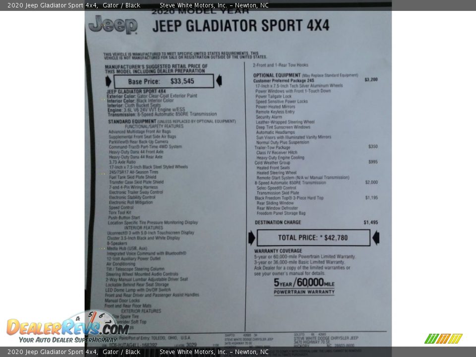 2020 Jeep Gladiator Sport 4x4 Window Sticker Photo #28