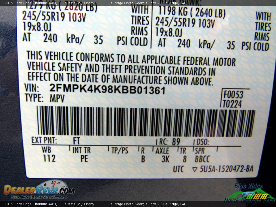 2019 Ford Edge Titanium AWD Blue Metallic / Ebony Photo #28