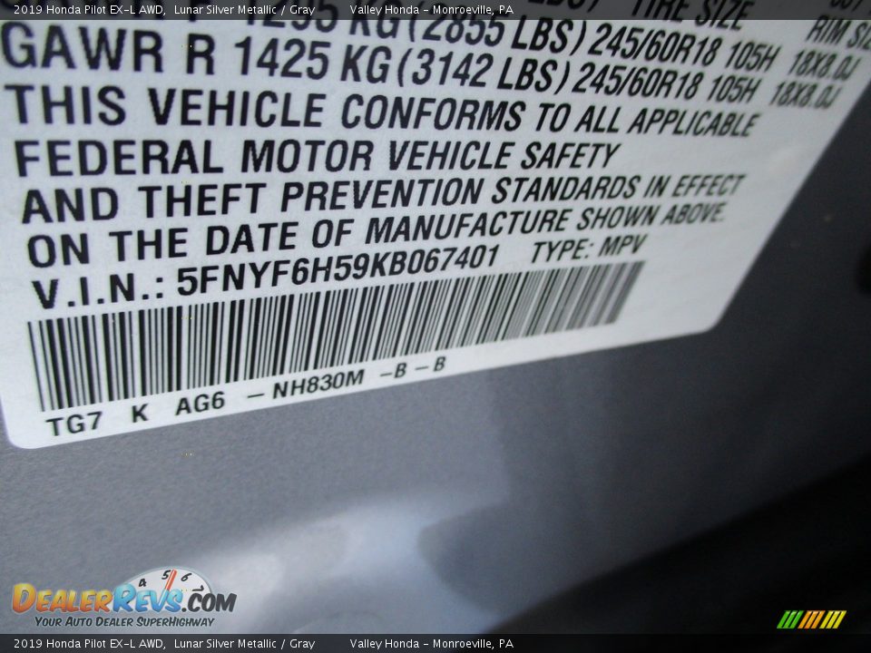 2019 Honda Pilot EX-L AWD Lunar Silver Metallic / Gray Photo #19