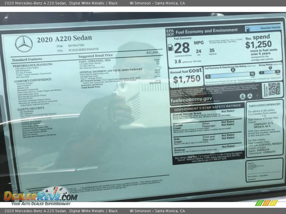 2020 Mercedes-Benz A 220 Sedan Digital White Metallic / Black Photo #10