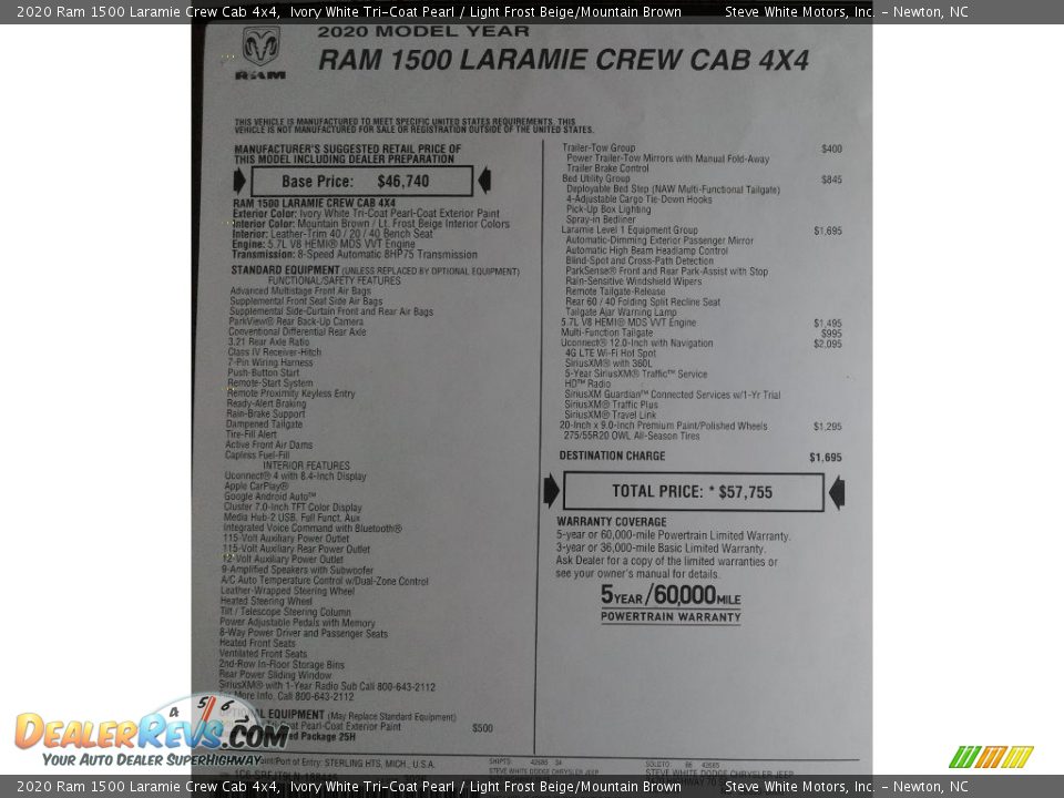 2020 Ram 1500 Laramie Crew Cab 4x4 Ivory White Tri-Coat Pearl / Light Frost Beige/Mountain Brown Photo #32