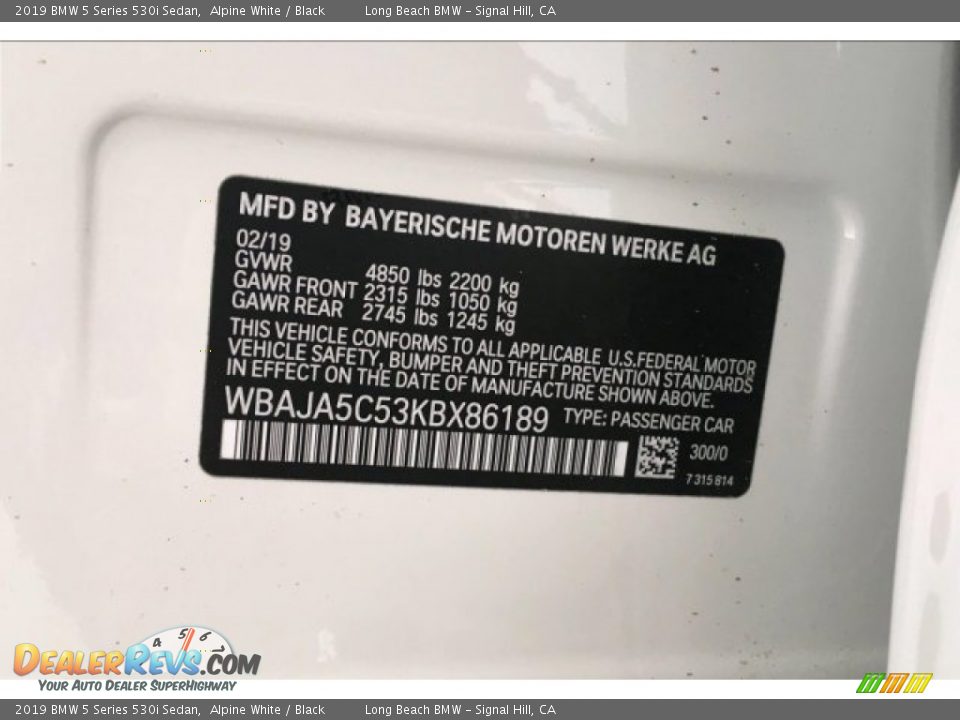 2019 BMW 5 Series 530i Sedan Alpine White / Black Photo #8