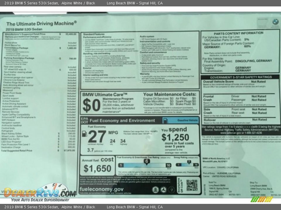 2019 BMW 5 Series 530i Sedan Window Sticker Photo #11