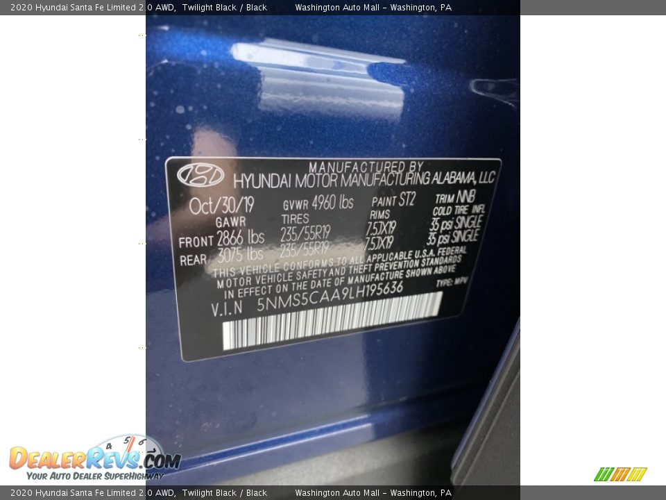 2020 Hyundai Santa Fe Limited 2.0 AWD Twilight Black / Black Photo #10