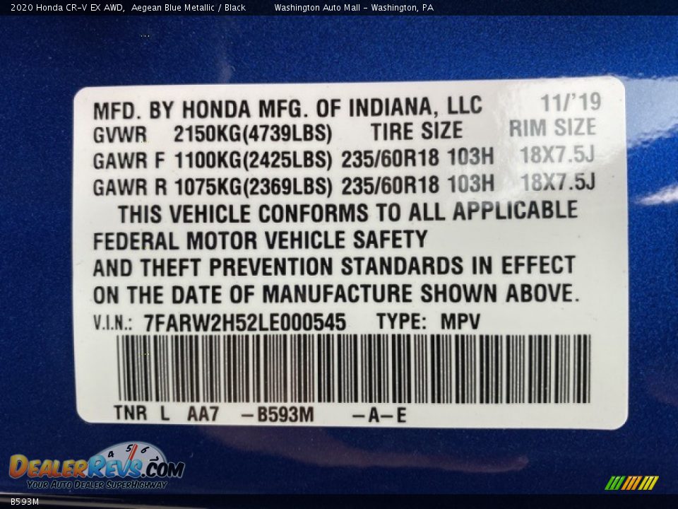 Honda Color Code B593M Aegean Blue Metallic