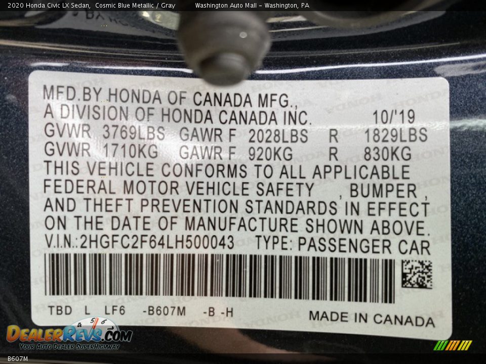 Honda Color Code B607M Cosmic Blue Metallic