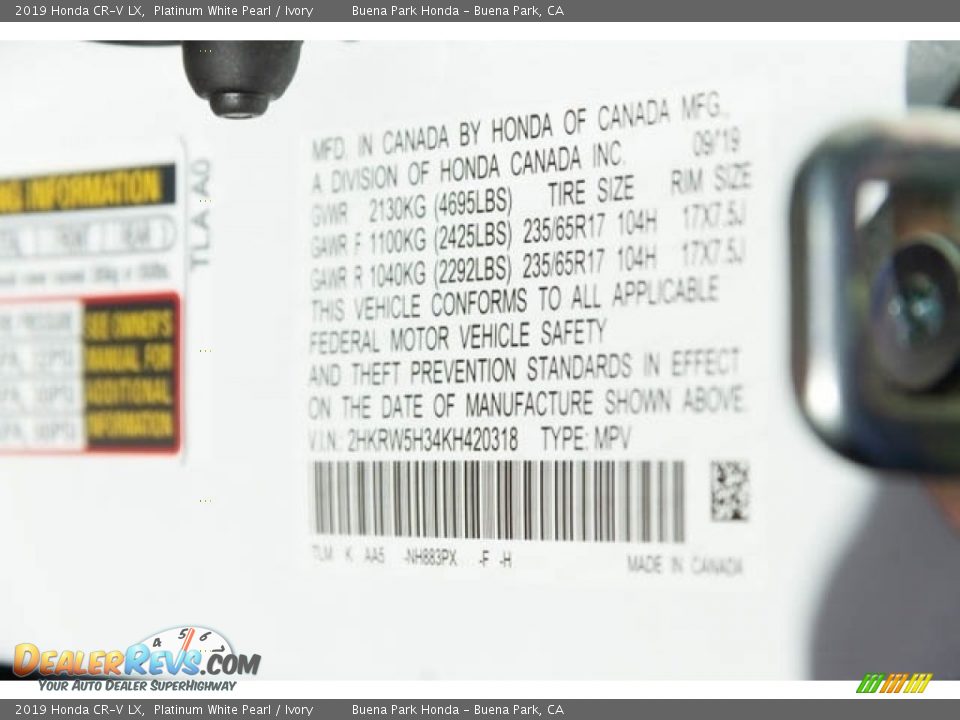 2019 Honda CR-V LX Platinum White Pearl / Ivory Photo #35