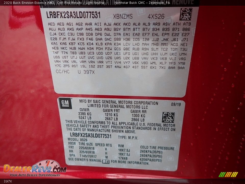 Buick Color Code 397X Chili Red Metallic