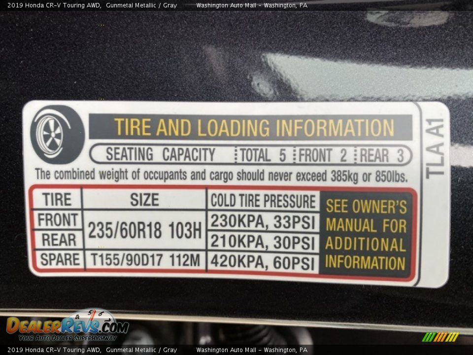 Info Tag of 2019 Honda CR-V Touring AWD Photo #8