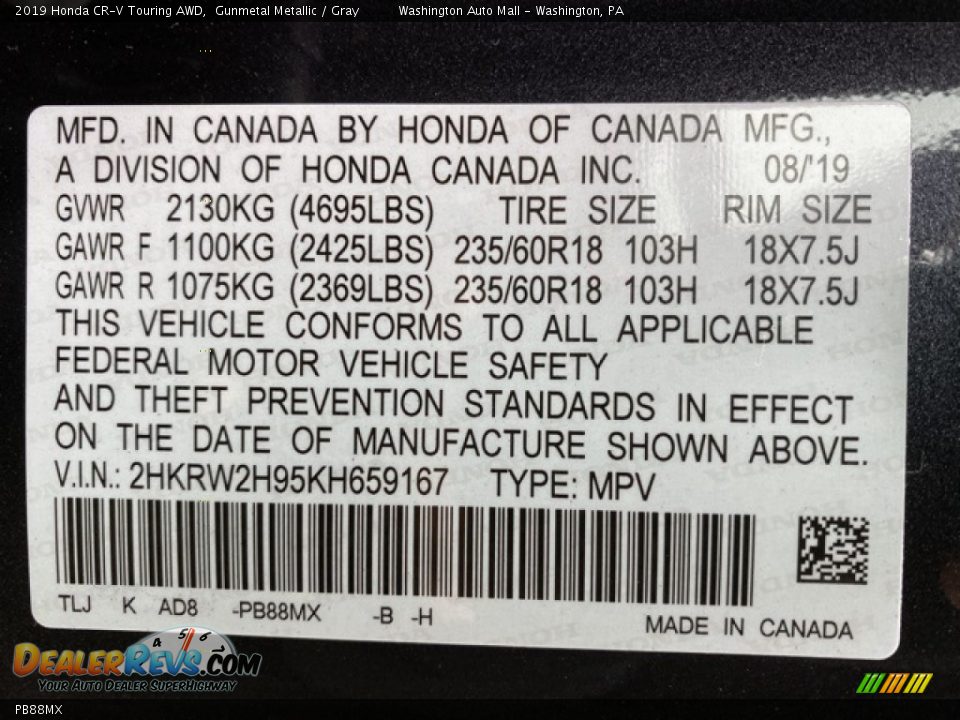 Honda Color Code PB88MX Gunmetal Metallic