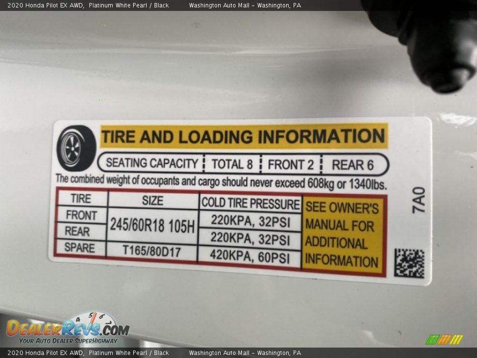 2020 Honda Pilot EX AWD Platinum White Pearl / Black Photo #8