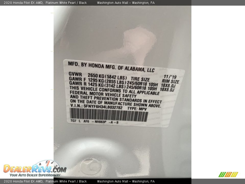 2020 Honda Pilot EX AWD Platinum White Pearl / Black Photo #9