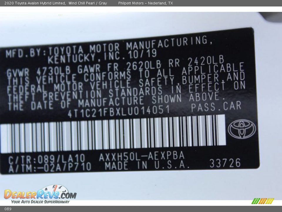 Toyota Color Code 089 Wind Chill Pearl