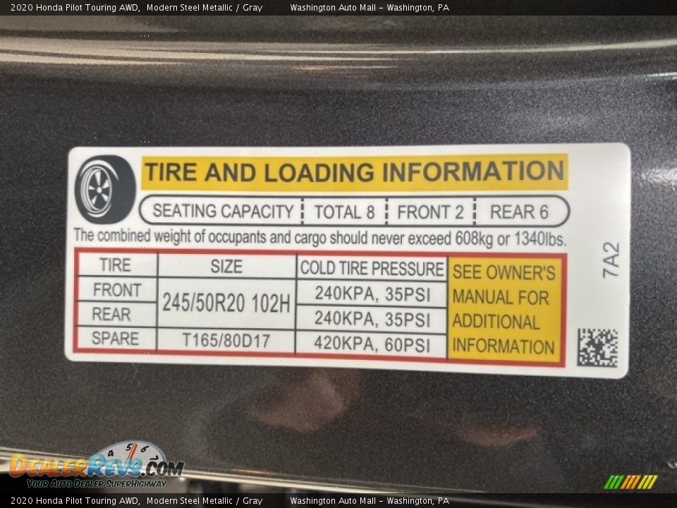 Info Tag of 2020 Honda Pilot Touring AWD Photo #8