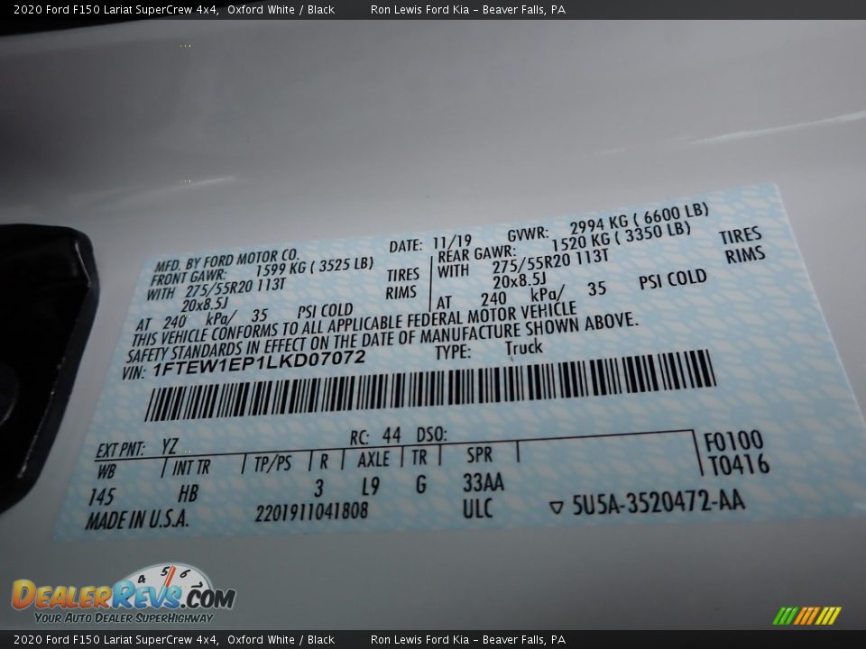 2020 Ford F150 Lariat SuperCrew 4x4 Oxford White / Black Photo #10