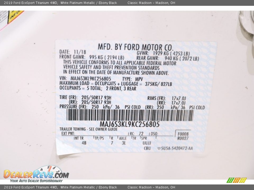 2019 Ford EcoSport Titanium 4WD White Platinum Metallic / Ebony Black Photo #21