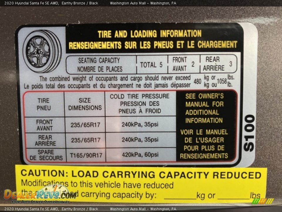 Info Tag of 2020 Hyundai Santa Fe SE AWD Photo #9