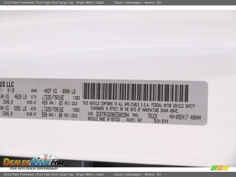 2019 Ram ProMaster 2500 High Roof Cargo Van Bright White / Black Photo #18
