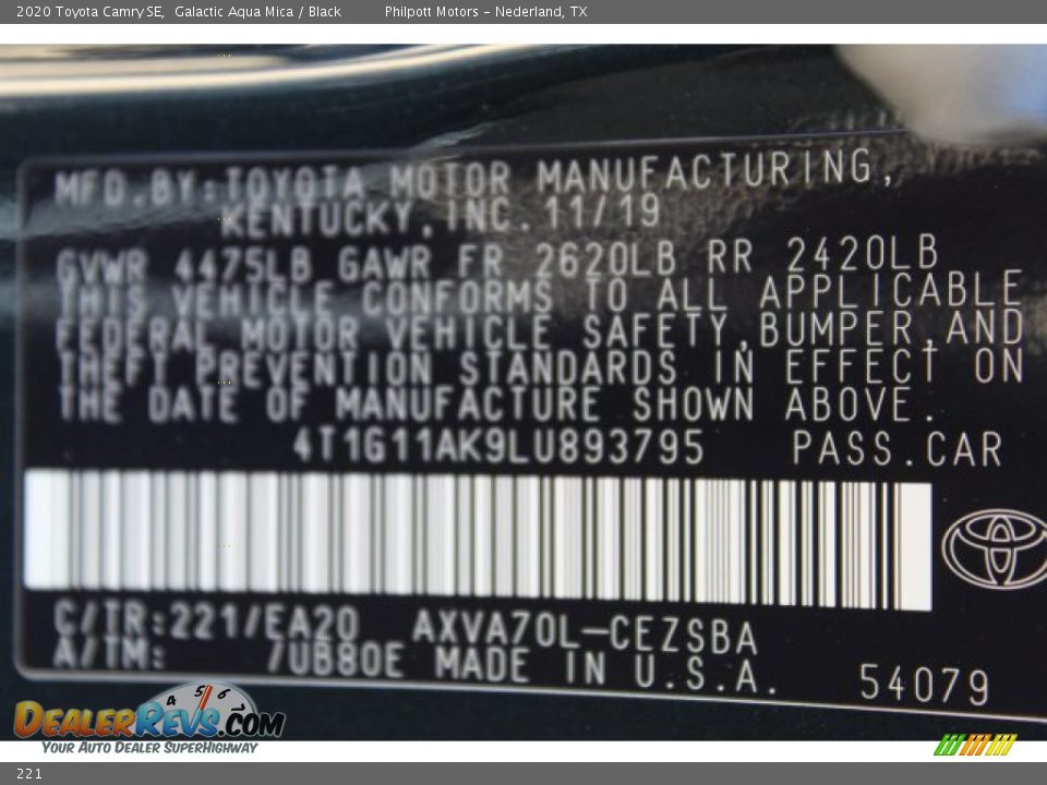 Toyota Color Code 221 Galactic Aqua Mica