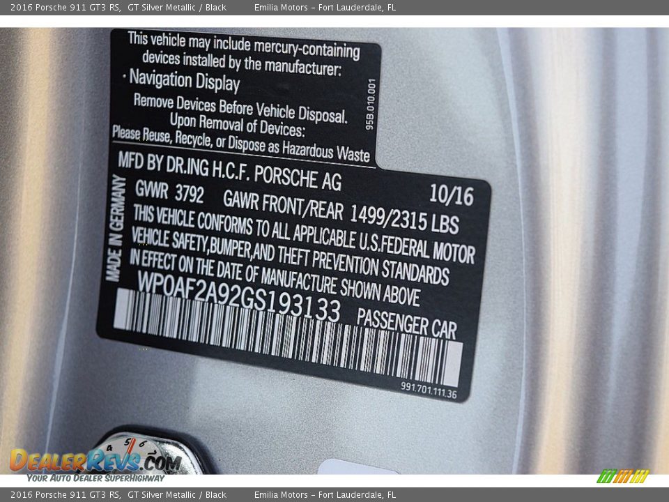 2016 Porsche 911 GT3 RS GT Silver Metallic / Black Photo #25