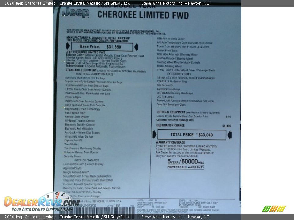 2020 Jeep Cherokee Limited Granite Crystal Metallic / Ski Gray/Black Photo #34
