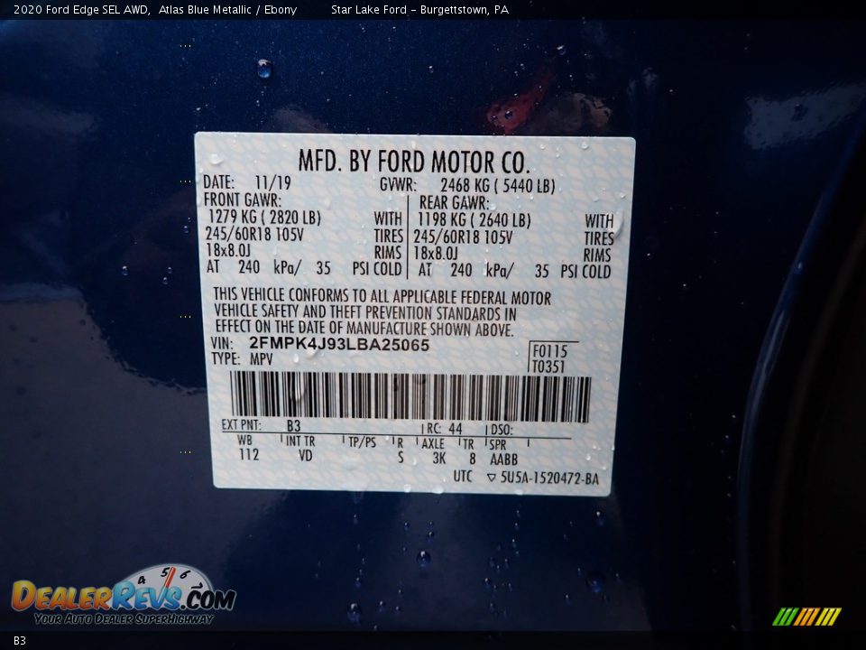 Ford Color Code B3 Atlas Blue Metallic