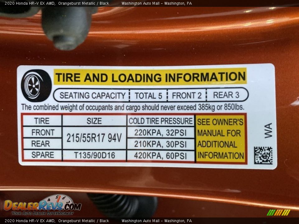 Info Tag of 2020 Honda HR-V EX AWD Photo #8