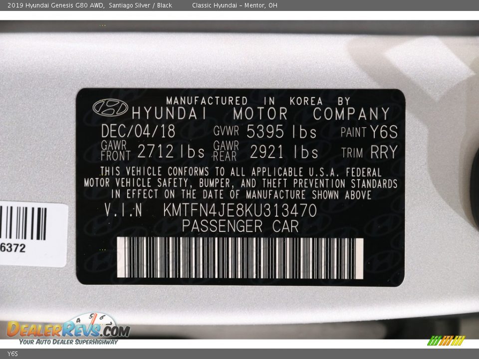 Hyundai Color Code Y6S Santiago Silver