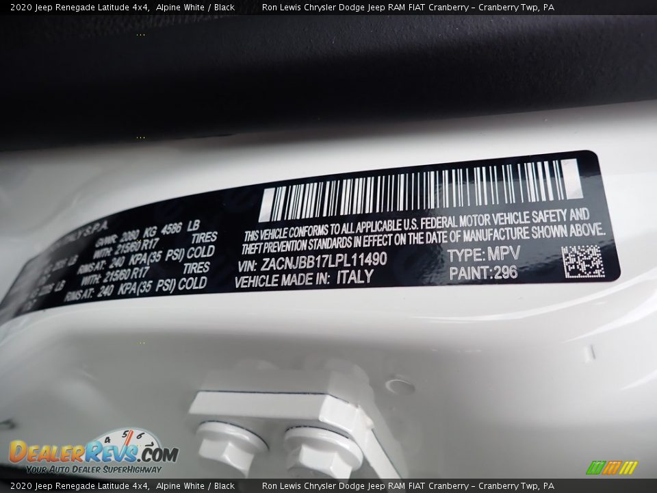 2020 Jeep Renegade Latitude 4x4 Alpine White / Black Photo #14