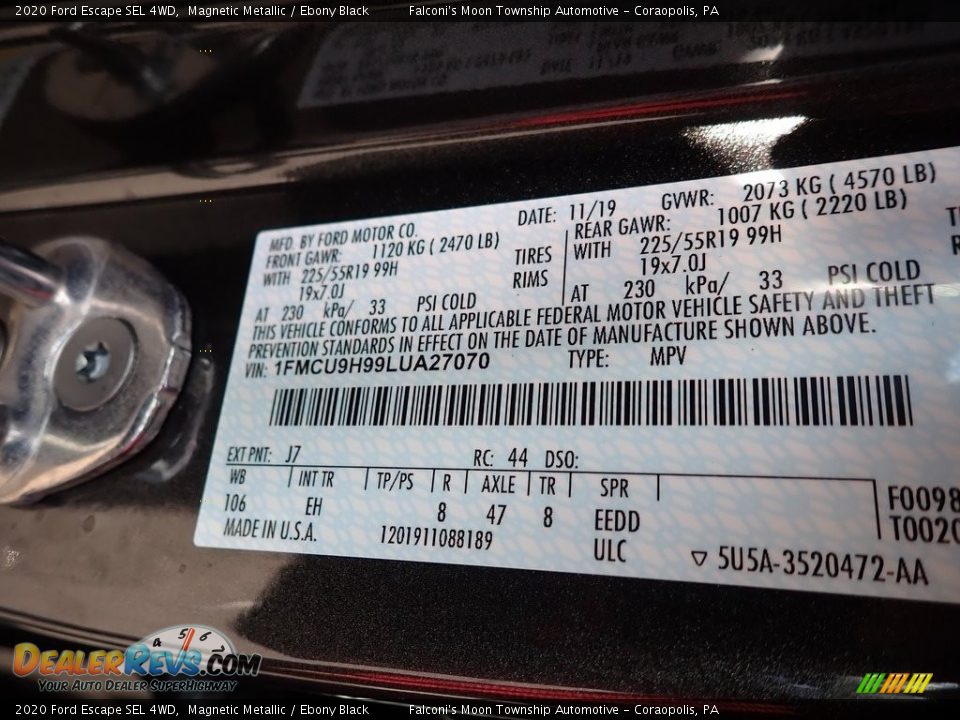 2020 Ford Escape SEL 4WD Magnetic Metallic / Ebony Black Photo #12