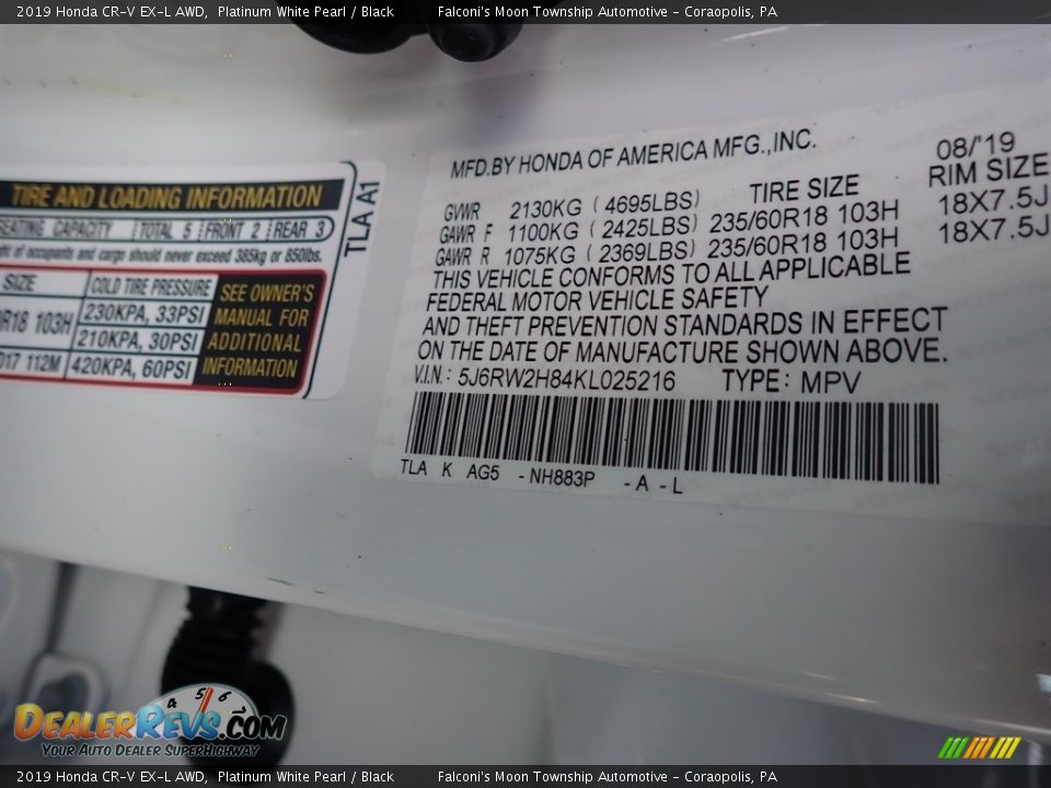 2019 Honda CR-V EX-L AWD Platinum White Pearl / Black Photo #12