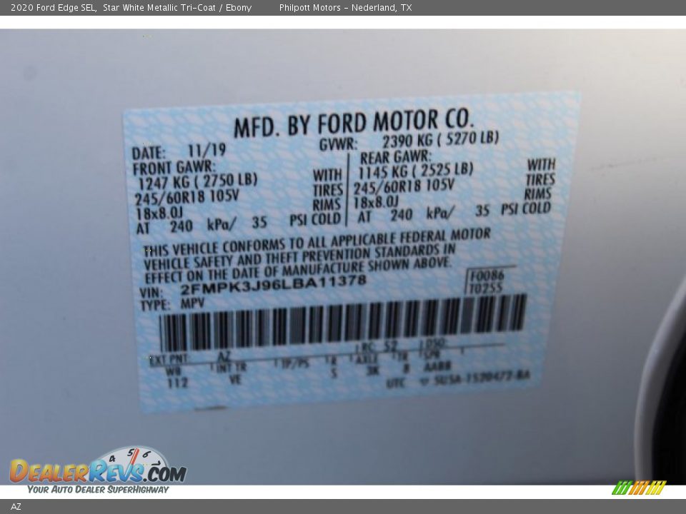 Ford Color Code AZ Star White Metallic Tri-Coat