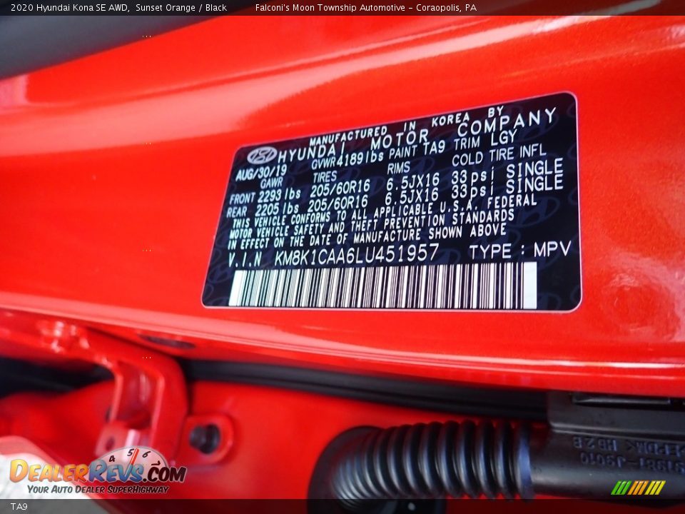 Hyundai Color Code TA9 Sunset Orange