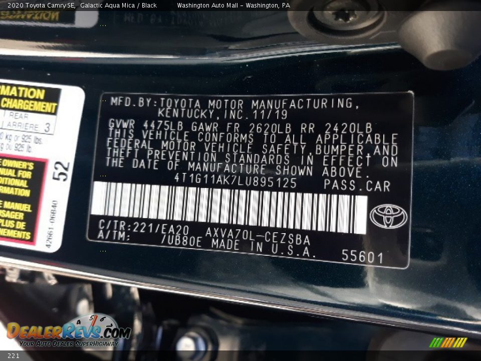 Toyota Color Code 221 Galactic Aqua Mica