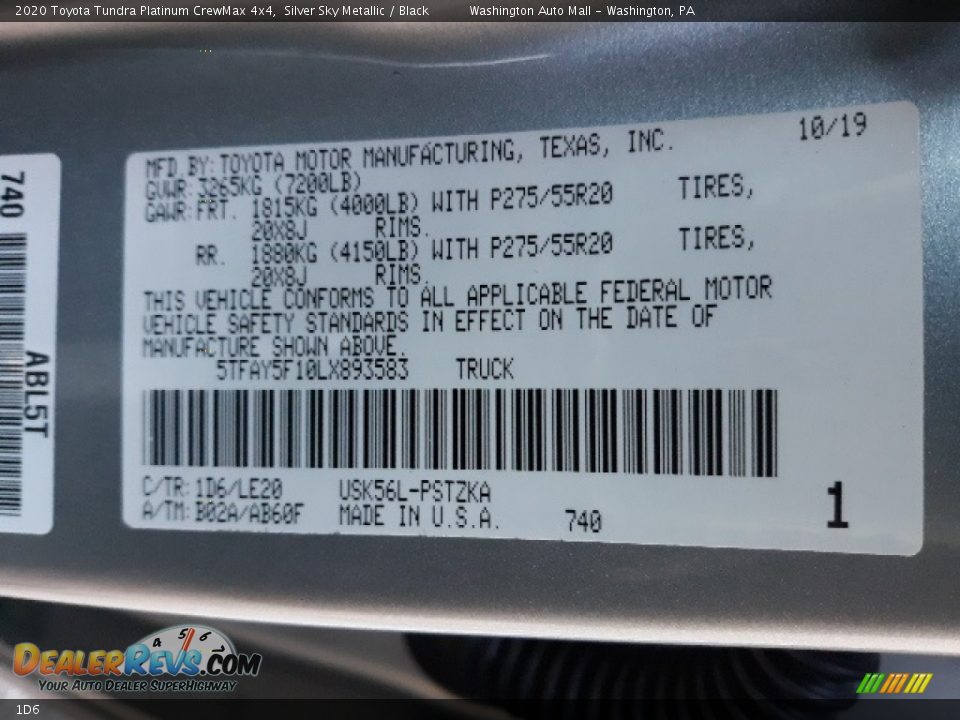 Toyota Color Code 1D6 Silver Sky Metallic